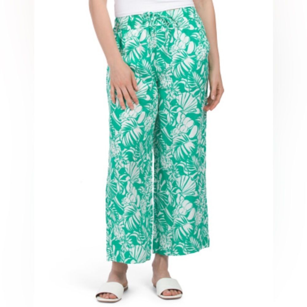 Nicole Miller 100% Linen Green Tropical Wide Leg Elastic Waist Pants Sz M